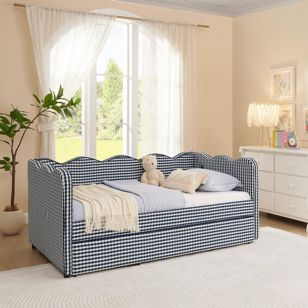 Navy Gingham Linen Upholstered Twin Size Daybed with Trundle R5926