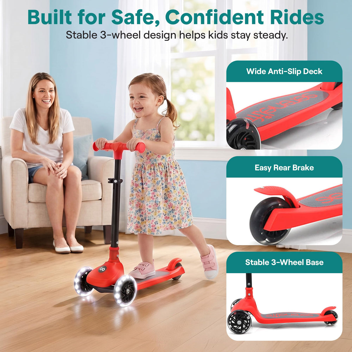 Foldable 3 Wheel Scooter with LED Wheels, Adjustable Handlebar, Red V564765