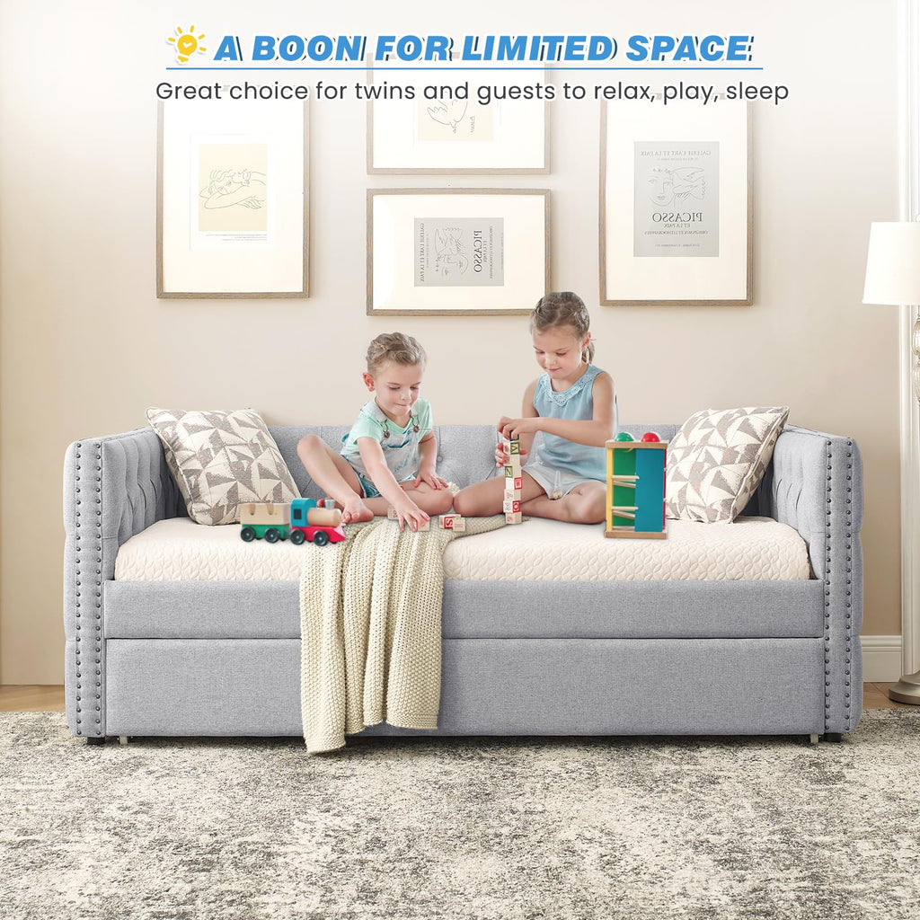 Linen Upholstered Twin Size Daybed with Trundle I67721