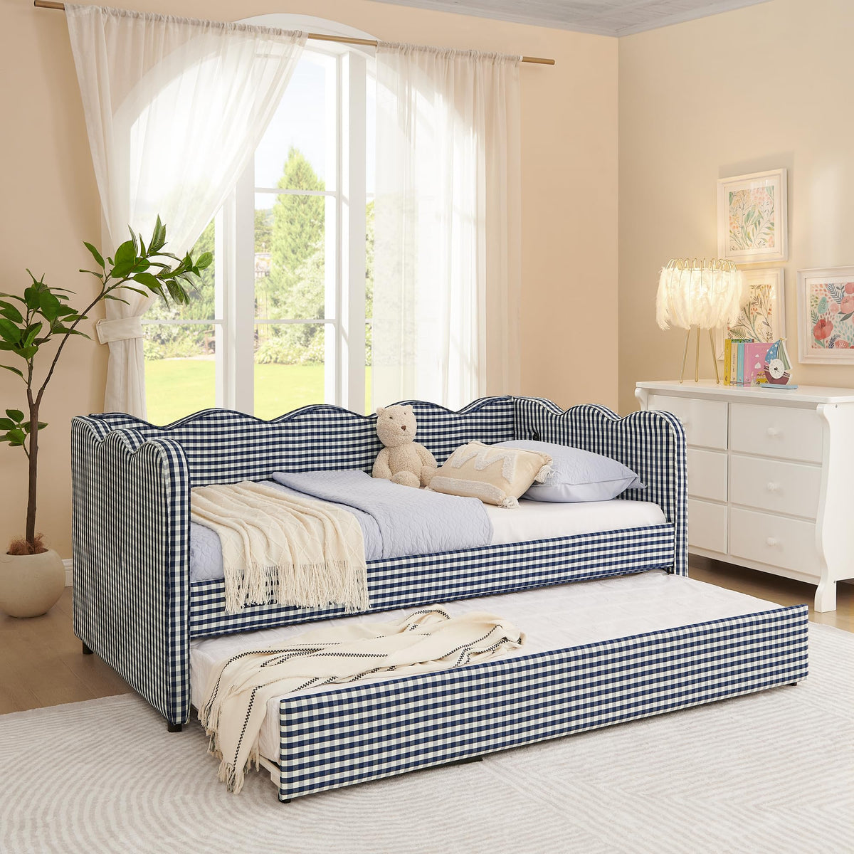Navy Gingham Linen Upholstered Twin Size Daybed with Trundle R5926