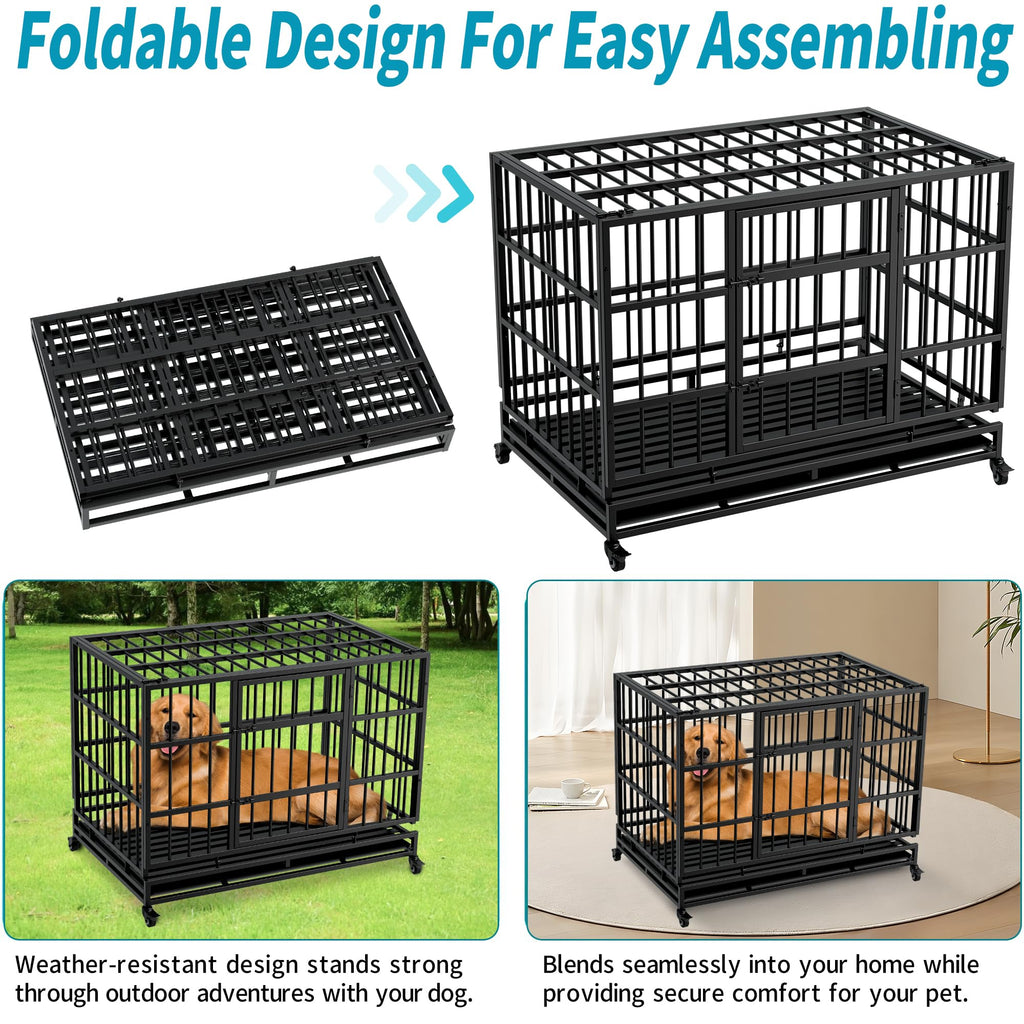 48" Metal Dog Crate with Tray & Wheels E3655