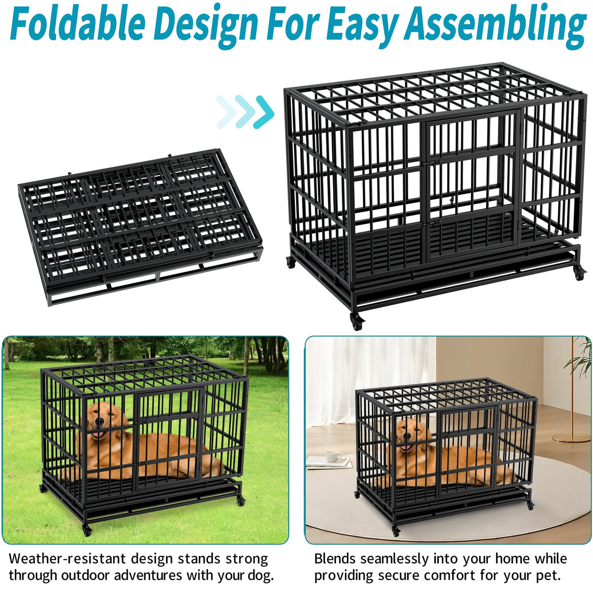48" Metal Dog Crate with Tray & Wheels E3655