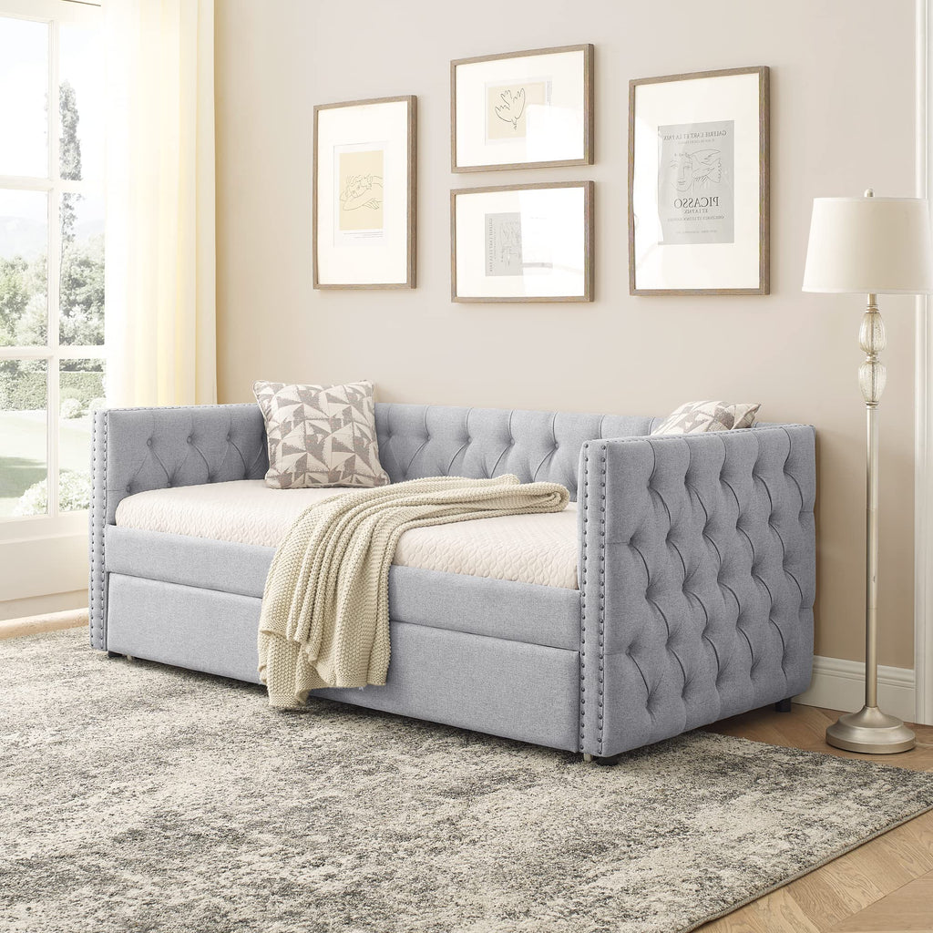 Linen Upholstered Twin Size Daybed with Trundle I67721