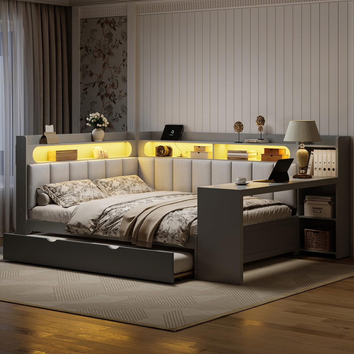 Grey Full Size L-Shaped Corner Bed with Trundle and Desk G7409