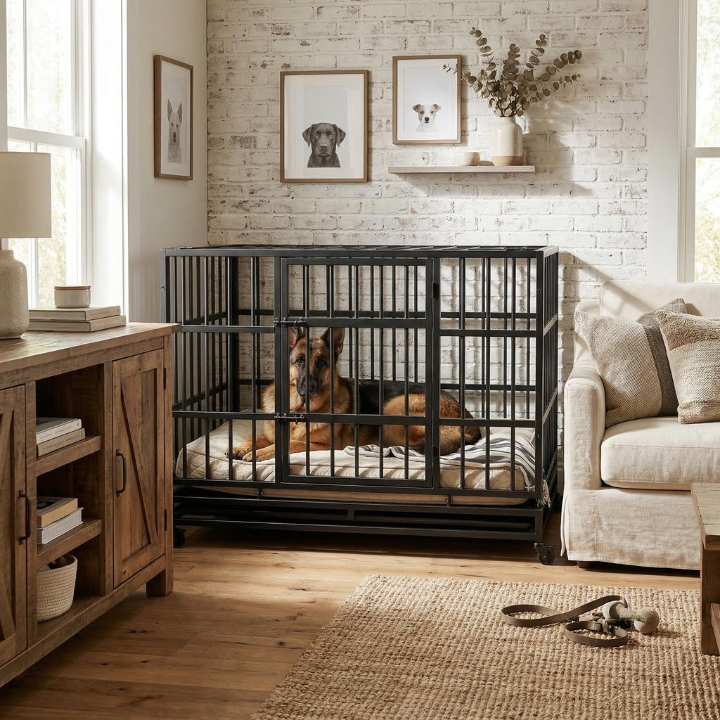 48" Metal Dog Crate with Tray & Wheels E3655