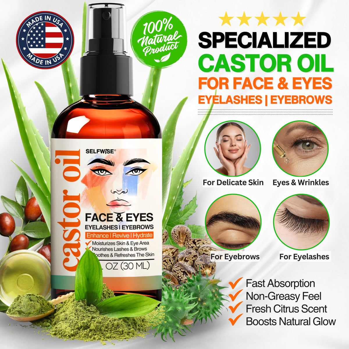 Organic Castor Oil with Jojoba Rosehip Grapeseed Squalane Vitamin E 1oz S482