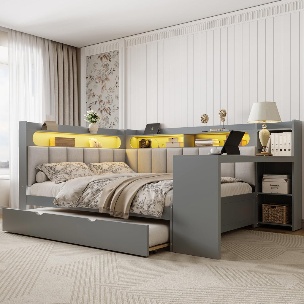 Grey Full Size L-Shaped Corner Bed with Trundle and Desk G7409