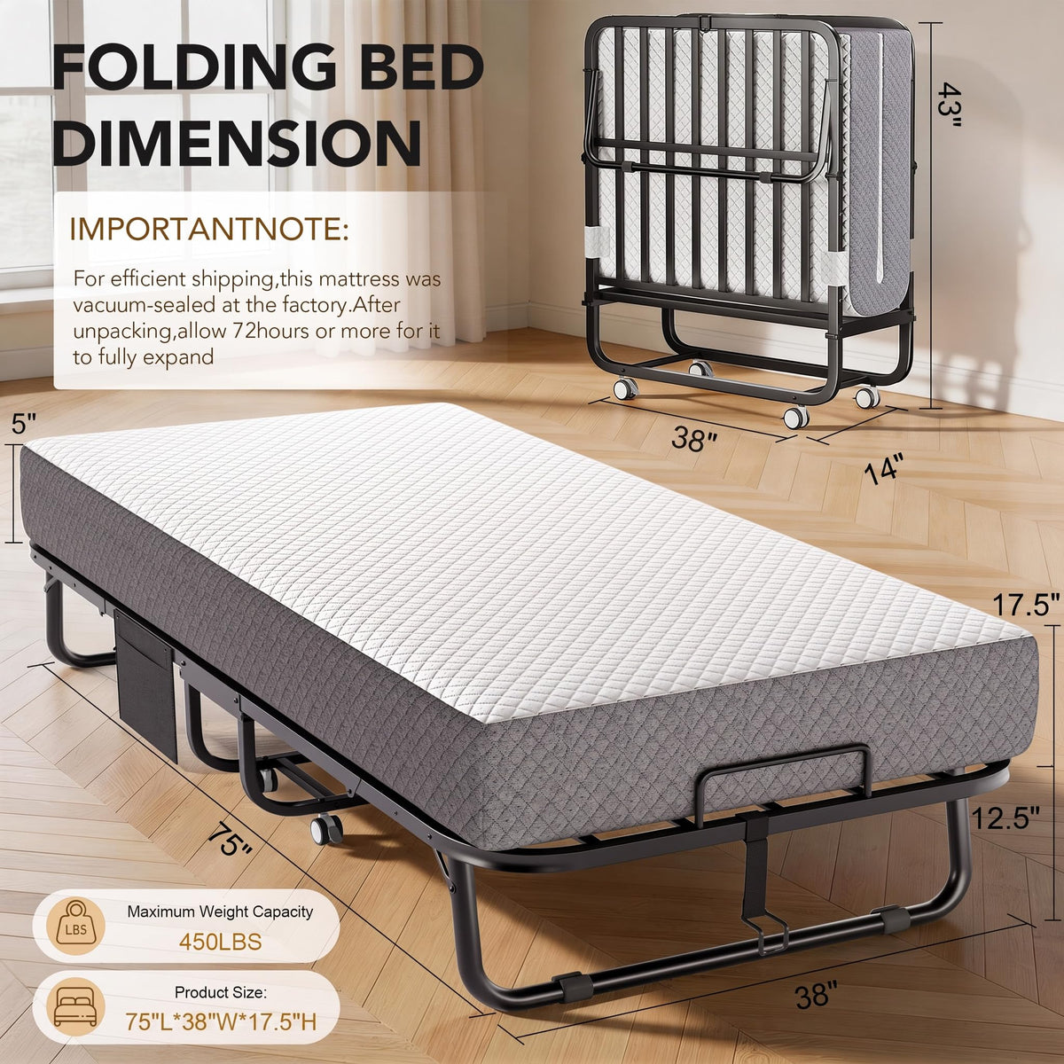 Folding Bed with Memory Foam Mattress, Twin Size Metal Frame R702974