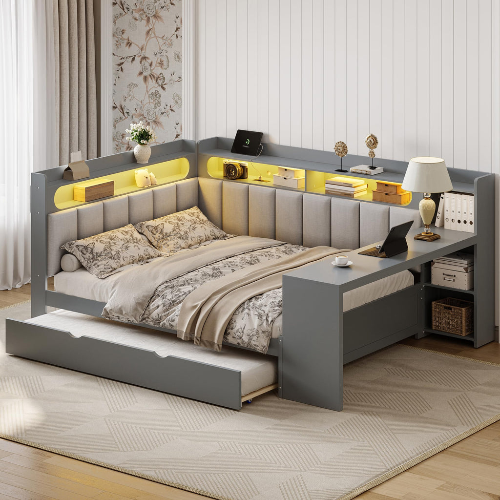 Grey Full Size L-Shaped Corner Bed with Trundle and Desk G7409